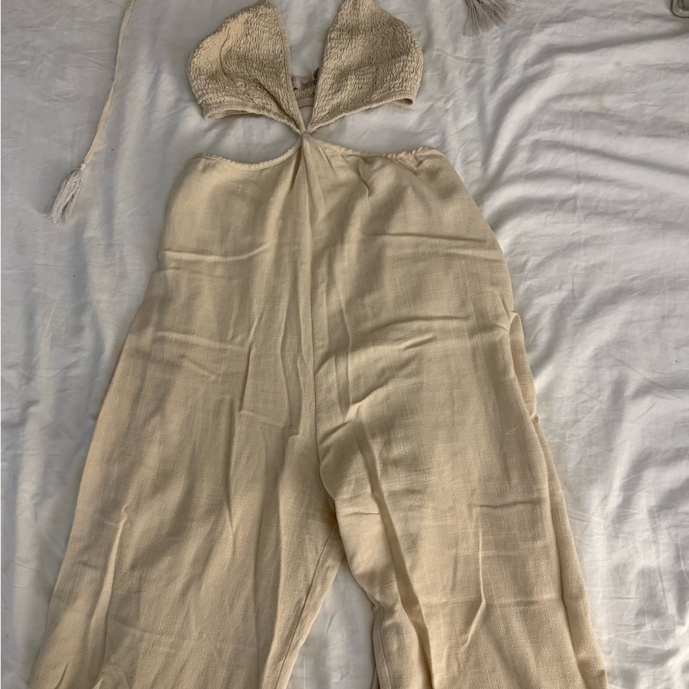 Indah Beige Wide Leg Halter Jumpsuit